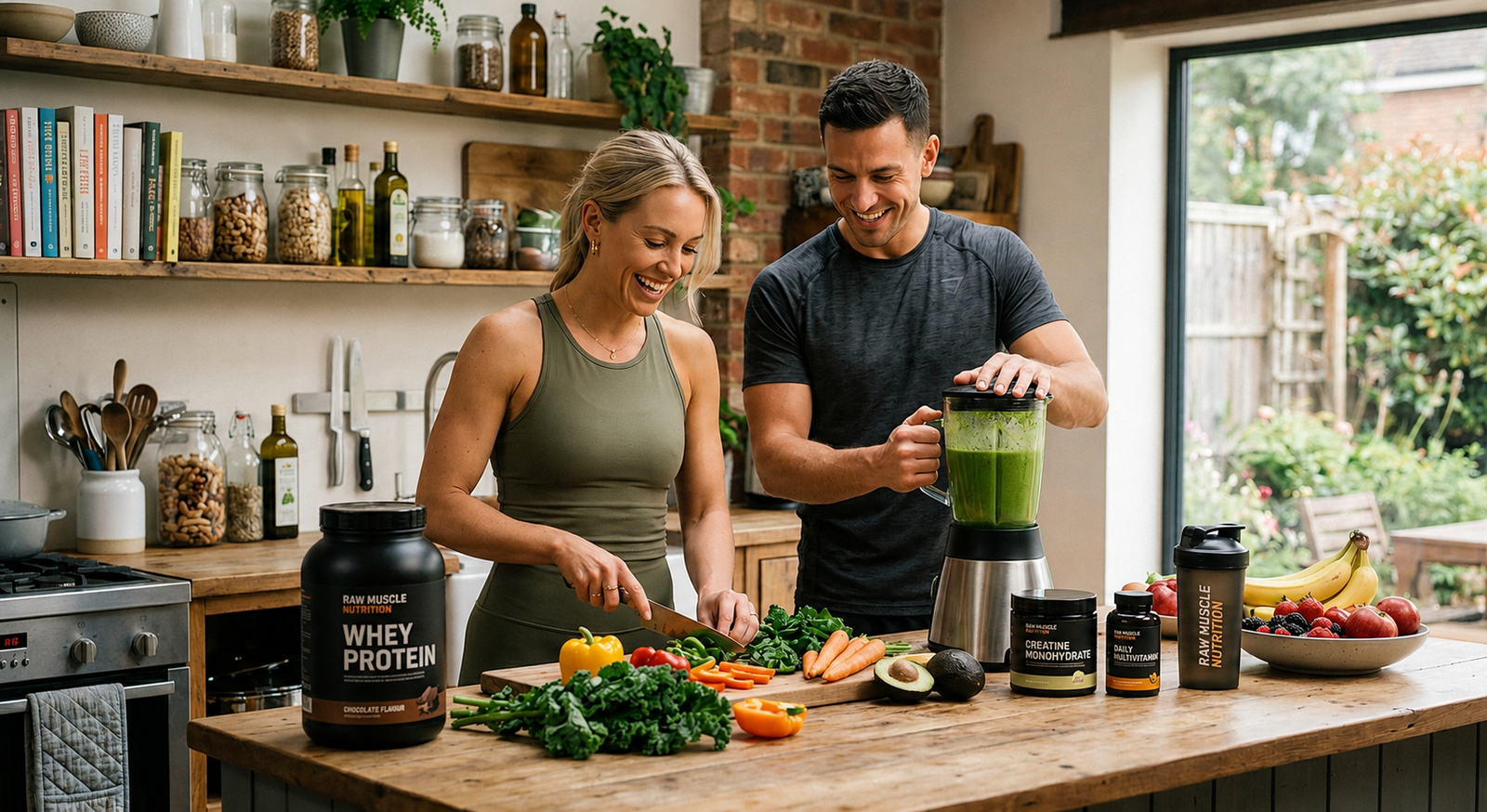 A smiling fitness-focused couple prepares a healthy green smoothie in a warm rustic kitchen surrounded by fresh vegetables, fruits, and Raw Muscle Nutrition supplements, including whey protein and creatine.
